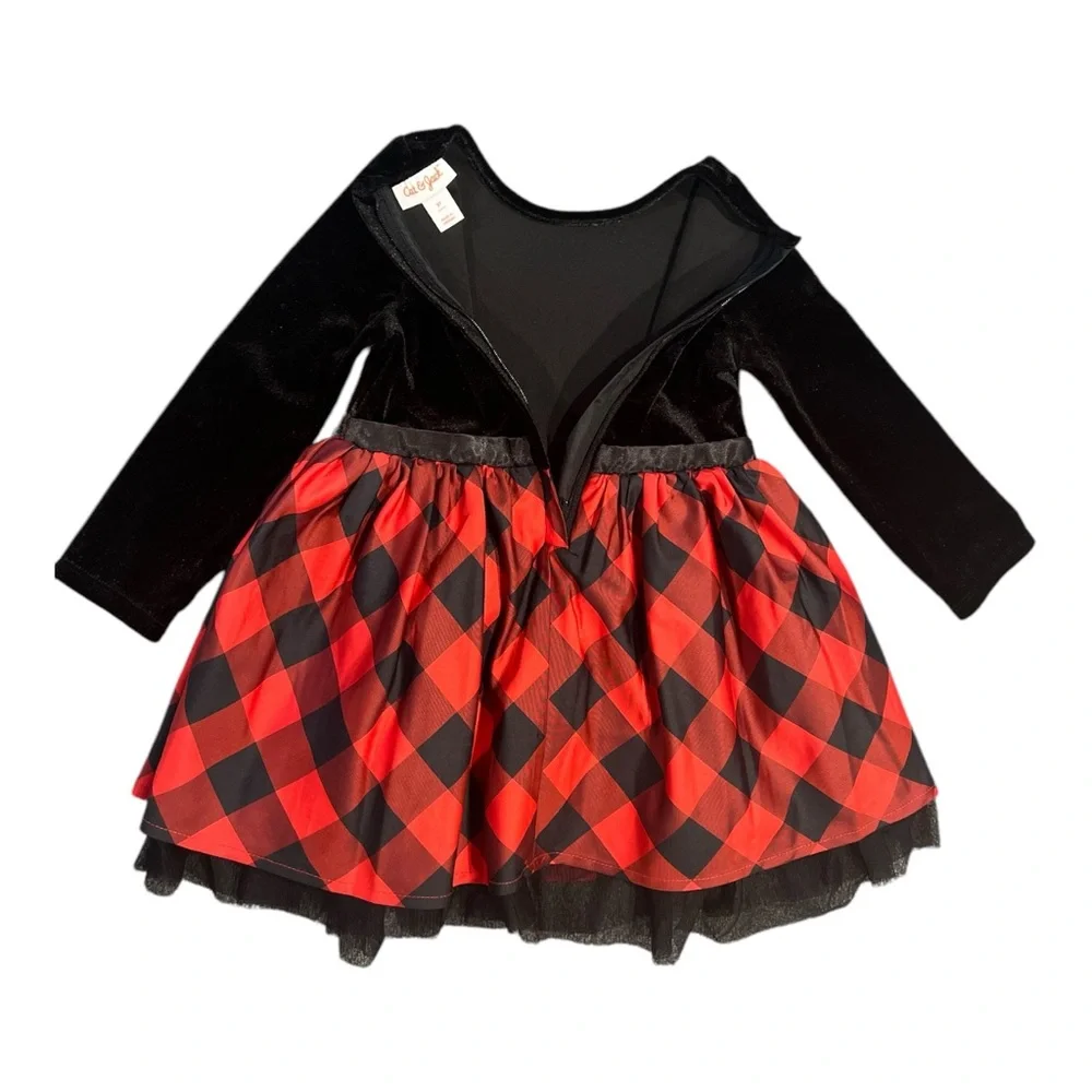 Cat & Jack Toddler Girls Velour Buffalo Check‎ LS Dress Tulle Trim Layers 2T